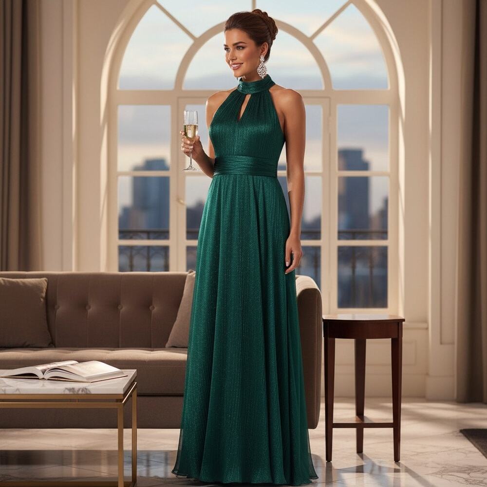 Xscape Size 8 Evening Gown – NWT, Deep Green Halter, Back‑Neck Tie, Zip Closure
